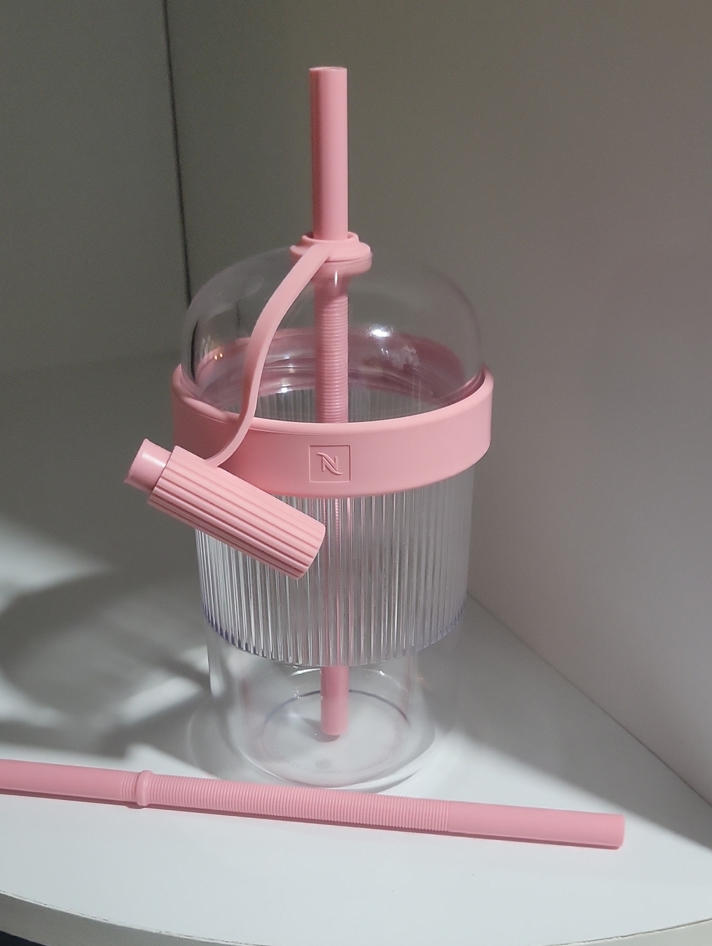 Nespresso Pink Clear Ribbed Travel Cup with Straw